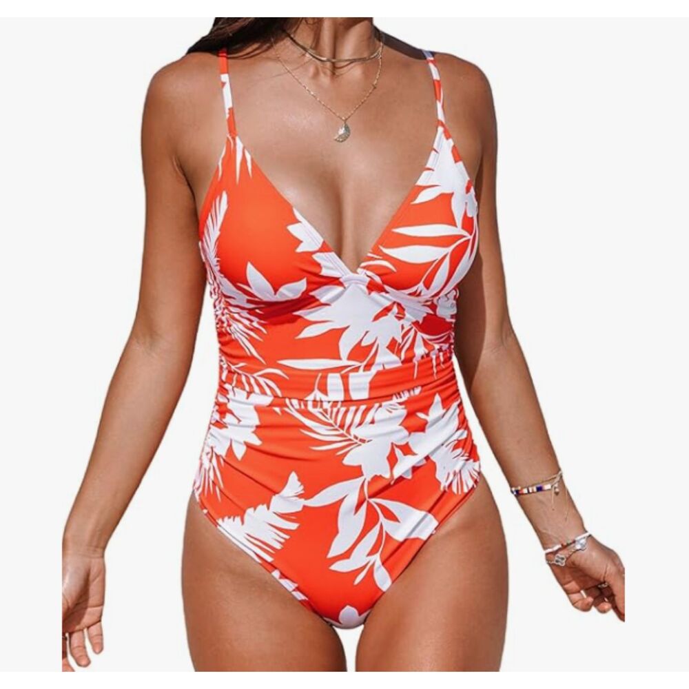NEW Cupshe Tropical Orange One Piece Swimsuit Floral Large NWT Adjustable Straps